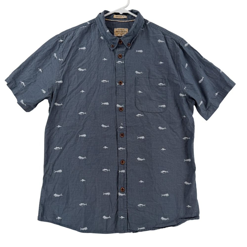 Quiksilver Waterman‎ Shirt Mens Small Blue Fish Short Sleeve Button Up Hawaiian